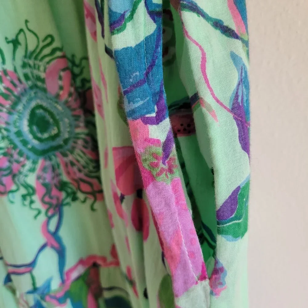 Banjanan Ira Ruffle Sleeve Maxi Dress Green Floral Peacock with Pockets Large - Picture 7 of 9